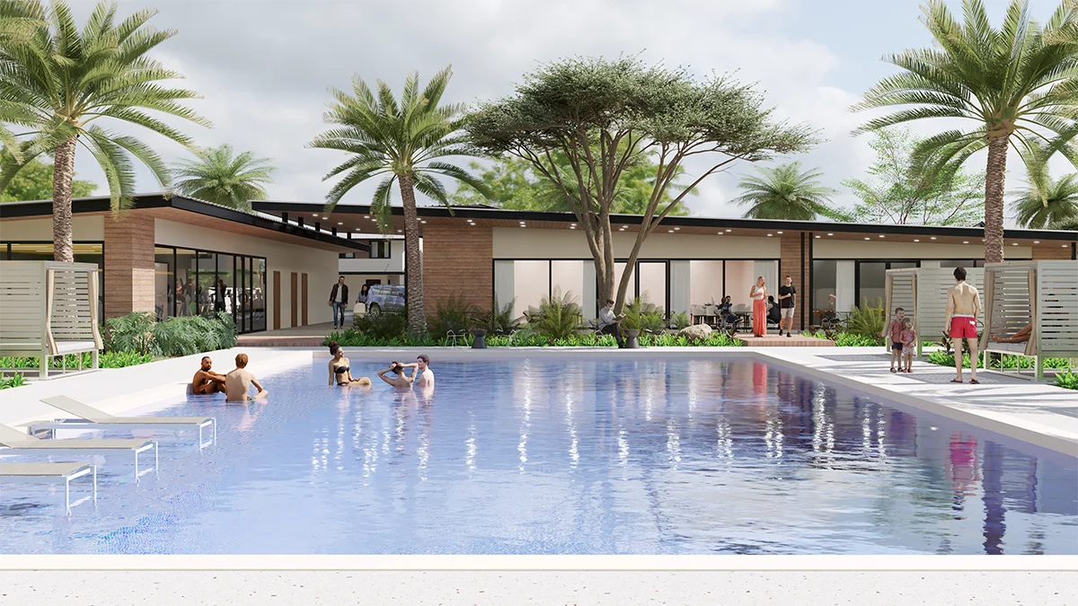 Render oficial del área social de Reserva del Este